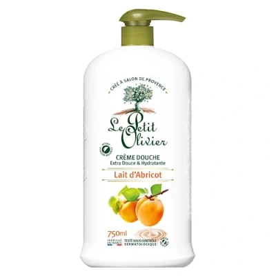 Image de LE PETIT OLIVIER Crème Douche Extra Douce &amp; Hydratante Lait D&#039;Abricot Pour Toute La Famille PH Neutre Peau Sans Savon, Colorant Fabriqué En France 750 ml