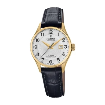 Afbeelding van Festina Dameshorloge F20011/5 Swiss Made roestvrijstalen behuizing goud zwart lederen band grijs klassiek, grijs., Klassiek