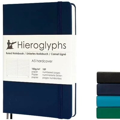 Afbeelding van Hieroglyphs Notitieboek A5 Gelijnd Hardcover 189 Genummerde Pagina’s 100 Grams Papier Elastiek Blauw Donkerblauw