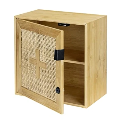 Afbeelding van WENKO Allegre Afsluitbare medicijnkast van bamboe en rotan, boho stijl, inclusief bevestigingsmateriaal, 30 x 17,8 cm, natuur