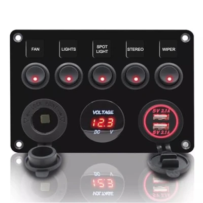 Afbeelding van CT CARID Tuimelschakelaar 5 Gang Schakelpaneel LED ON OFF Marine Waterdicht Ontstekingspaneel IP65 Dual USB 12V/24V Vrachtwagen Aanhangwagen Voertuigen SUV&#039;s Camper
