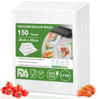 Afbeelding van Omtofo Vacuümzakken, 150 stuks, 20 x 30 cm, reliëf, BPA vrij, scheurvast, voor alle vacuümmachines thuis, professionele diepvrieszakken