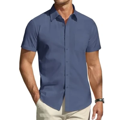 Afbeelding van DEMEANOR overhemd met korte mouwen voor heren, casual regular fit, businesshemd kreukvrij overhemd, Grijs/Blauw