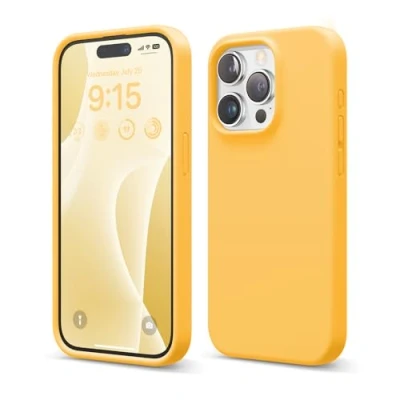 Afbeelding van elago Compatibel met iPhone 15 Pro, vloeibare siliconen hoes, rondom bescherming, krasbestendige zachte microvezelvoering, 15,5 cm (zon)