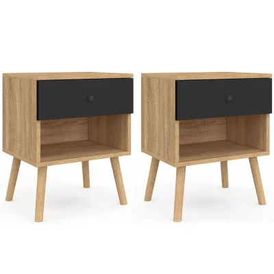 Afbeelding van Lot de 2 tables chevet EMMIE scandinaves 1 tiroir avec niche hêtre et noir