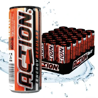 Afbeelding van ACTION Energy Drink Regular energiedrank met statiegeld Tutti Frutti smaak verhoogd cafeïnegehalte 31,5 mg/100 ml cafeïne 48 x 250