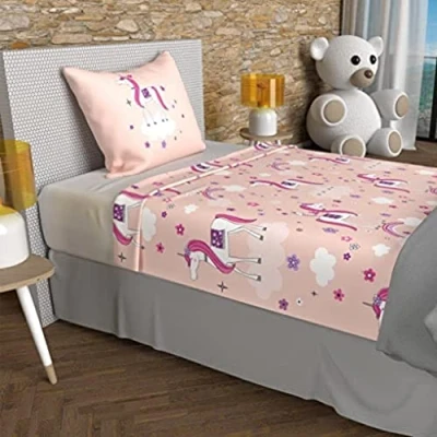 Image de Parure de draps 180x290 cm LICORNES rose, 100% coton 57 fils/cm2, par Soleil d&#039;Ocre