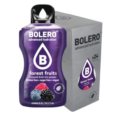 Image de Bolero Drink 24 sachets de 3 g bâtonnets fruits en poudre soluble, préparation pour boisson fraîche dans un produit aquatique, 72 g, édulcorés à la stévia (Fruits des bois)