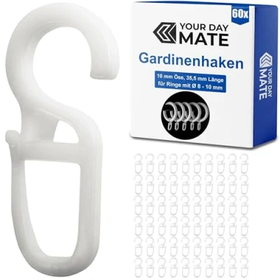 Afbeelding van 60 stuks gordijnhaken met ogen van 10 mm diameter, voor gordijnringen tot dik, wit, gordijnringen, ophanghaken, haken