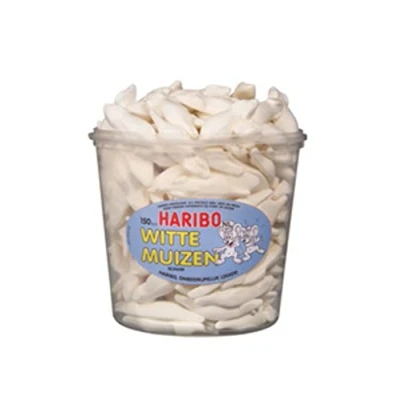 Afbeelding van Haribo Schuim Witte Muizen silo 150 stuks Doos 6 silo&#039;s