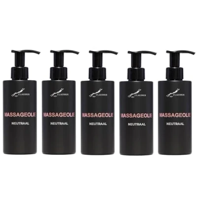 Afbeelding van Massageolie Neutraal 300 ml met pomp zwarte fles 100% natuurlijk biologisch en koud geperst set van 5 stuks Voordeelverpakking