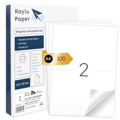 Afbeelding van Raylu Paper ® Witte zelfklevende etiketten om af te drukken, van A4 papier voor inkjet , laser en kopieerapparaten, 2 per vel (210 x 148 mm)