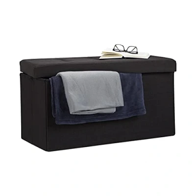 Afbeelding van Relaxdays opvouwbare zitbank linnen zitkist met opslagruimte bank 38 x 76 cm zwart
