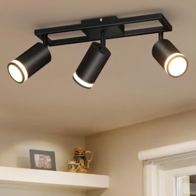 Afbeelding van Dehobo Led plafondlamp, 3 spots, plafondspots, GU10, dubbel, draaibaar, modern, zwart, voor keuken, slaapkamer, woonkamer, hal, eetkamer, zonder lampen