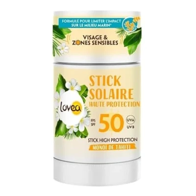 Image de LOVEA Stick Solaire FPS 50 Haute Protection Visage &amp; Zones Sensibles Monoï De Tahiti UVA/UVB Fini Invisible Résistant À L&#039;Eau Vegan Fabriqué En France 40 g