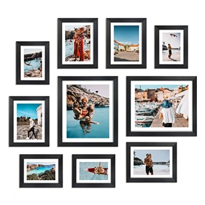 Afbeelding van Giftgarden Set van 10 zwarte fotolijsten met passe partout voor foto&#039;s in verschillende maten, 4 x 15 cm, vier 12 17 20 25 fotogalerij, wandcollage of tafelcollage