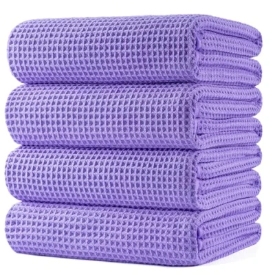 Afbeelding van Polyte Microvezel badhanddoek pluisvrij en sneldrogend wafelstructuur extra groot paars 152 x 76 cm set van 4