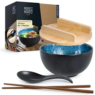 Afbeelding van Moritz &amp; SOLID Keramische ramen kom 600 ml Ø 15 cm Zwart en blauw ramenkom Voor 1 persoon soep, pho sushi Met eetstokjes, deksel lepel
