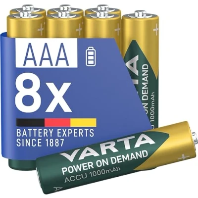 Afbeelding van VARTA AAA batterijen, oplaadbaar, 8 stuks, power on demand, 1000 mAh Ni Mh, voorgeladen, direct klaar voor gebruik [exclusief bij Amazon]
