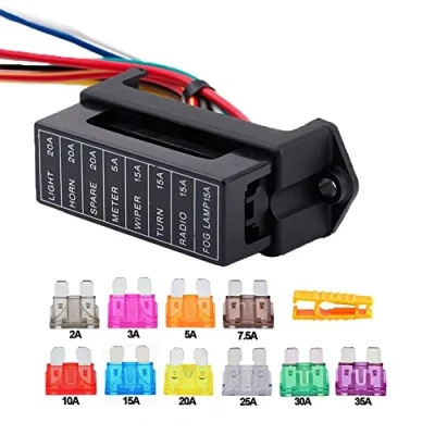 Afbeelding van Aiqeer 8 weg zekeringkast voor auto, 2 ingangen standaard uitgangen zekeringhouder met lemmet, voorbedraad en 10 bladzekeringen (12 V/24 V/32 V/48 V universeel)