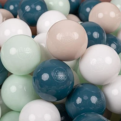 Afbeelding van KiddyMoon 100 ballen/7cm kinderballen speelballen voor ballenbad baby éénkleurige plastic ballen made in eu, donker turquoise/pastel beige/wit/mint