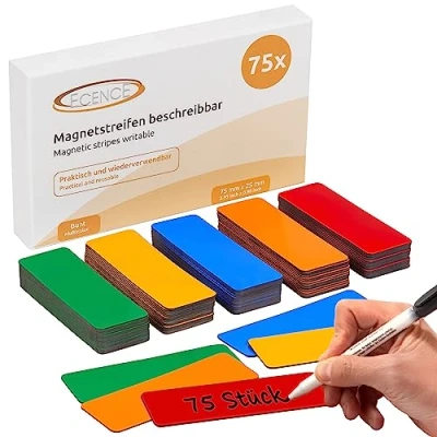 Afbeelding van ECENCE 75 magnetische etiketten, beschrijfbaar, x 25 mm, in meerdere kleuren en op maat te snijden, whiteboards, koelkasten