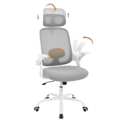 Afbeelding van WOLTU BS171hgws Ergonomische draaistoel met wieltjes, verstelbare hoofdsteun, armleuningen en lendensteun, kantelfunctie, belastbaar tot 150 kg, netstof, lichtgrijs