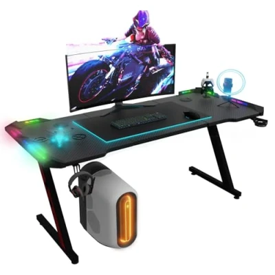 Afbeelding van Devoko Led gamingbureau, 160 x 60 cm, gamingbureau met RGB licht, muismat, bekerhouder en hoofdtelefoonhaak, ergonomisch computerbureau (zwart, cm)