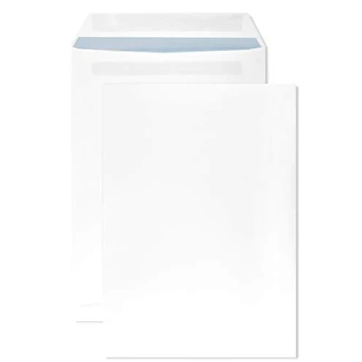 Afbeelding van 250 witte enveloppen C4 met blauwe binnendruk, 229 x 324 mm, recht klapdeksel zonder venster, 90 g, grote letterenveloppen, C4, enveloppen, wit