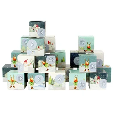 Afbeelding van Papierdrachen Adventskalender om zelf te vullen, kerstdorp met rendieren/sneeuwpop, 24 kleurrijke kartonnen dozen neer zetten en