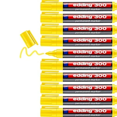 Image de edding 300 Marqueur permanent jaune 10 stylos pointe ronde 1,5 3 mm sèche vite, résiste à l&#039;eau et aux frottements pour carton, plastique, bois, métal, verre