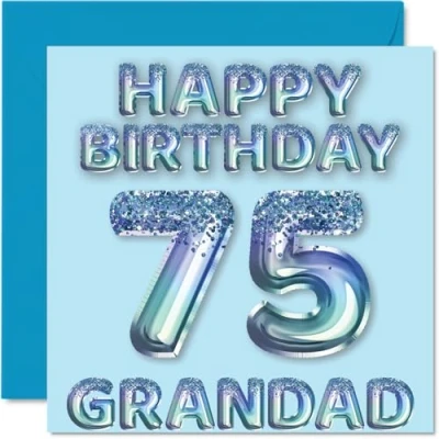 Afbeelding van Verjaardagskaart voor opa 75 jaar, blauwe glitterballonnen, verjaardagskaarten jarige grootvader van kleinzoon en kleindochter, 145 mm x
