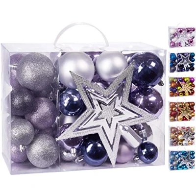 Afbeelding van BRUBAKER 50 Delige Kerstballen Set met Boomtop Kerstboomversiering in Paars Zilver
