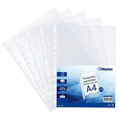Afbeelding van Waytex 931349 transparante A4 geperforeerde hoesjes, glad, 80 micron, formaat, grote capaciteit tot 60 vellen, pak met 100 hoezen