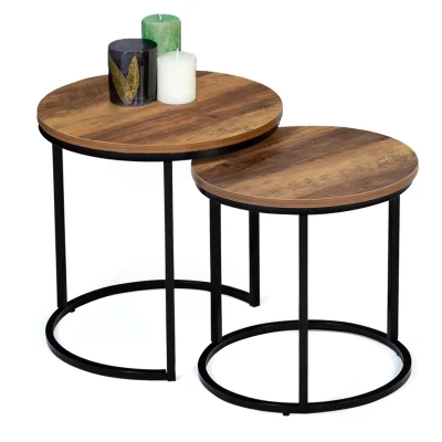 Afbeelding van Lot de 2 tables basses gigognes HAWKINS rondes 40/45 bois foncé design industriel