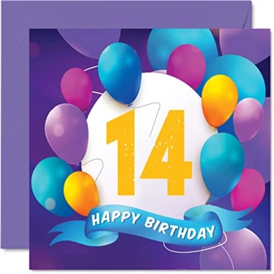 Afbeelding van Verjaardagskaart 14 jaar voor jongens en meisjes Ballonfeest Verjaardagskaarten tieners van jaar, jongen, meisje, broer, zus, zoon, dochter, kleinzoon, kleinkind, 145 mm x