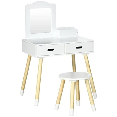 Afbeelding van ZONEKIZ make uptafel voor kinderen, met kruk, spiegel en 2 laden, 3 tot 6 jaar, 60 x 40 95 cm, wit hout