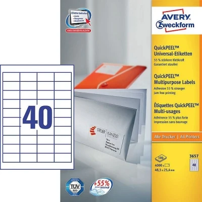 Image de Avery Zweckform 3657 étiquettes universelles A4 48,5 x 25,4 mm (4000 étiquettes) blanc