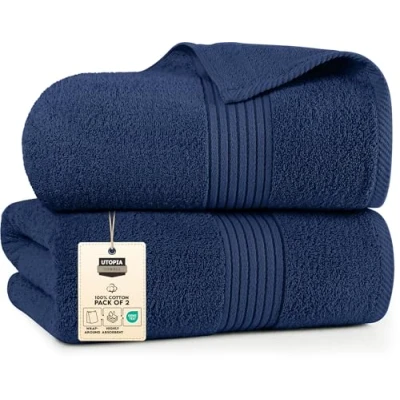 Afbeelding van Utopia Towels Set van 2 luxe Jumbo badhanddoeken 100% zeer absorberend en sneldrogend katoen Extra grote badhanddoek Superzachte hotelkwaliteit (90 x 180 cm, marineblauw)