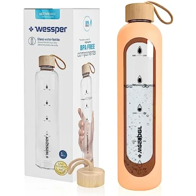 Afbeelding van Wessper 1 liter glazen drinkfles met tijdmarkeringen, BPA vrij, motivatie om te drinken, borosilicaatwaterfles, luchtdichte fles bamboedeksel, herbruikbaar, schaal