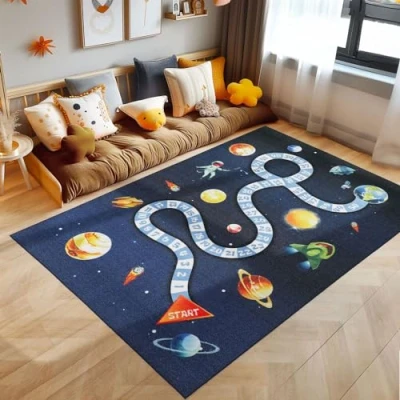 Afbeelding van kindertapijt, ruimtedesign, marineblauw tapijt, 120 x 170 cm, kinderkamer tapijt