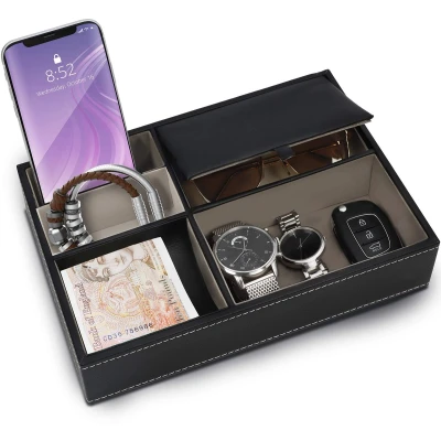 Afbeelding van Belle Vous Zwart Faux Leren 5 Compartimenten Valet Nachtkastje Organizer Tray Bureau Opslag Doos Voor Beurs, Telefoon, Sleutels, Sieraden, Accessoires, Geld, Armbanden Allesvanger Naast het Bed