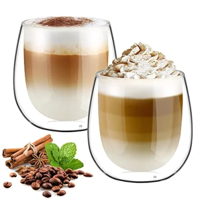 Afbeelding van glastal set van 2 dubbelwandige 250 ml koffieglazen, theeglazen met handvat, borosilicaatglas, koffiekopjes, glazen, koffiemokken, ideaal voor cappuccino, ijsthee, melk, sap, bier