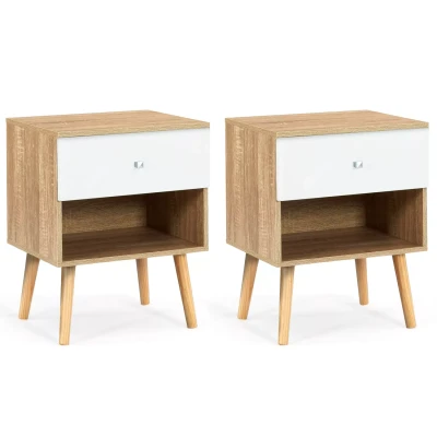 Afbeelding van Lot de 2 tables chevet EMMIE 1 tiroir scandinaves hêtre et blanc