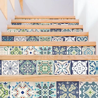 Afbeelding van zelfklevende stickers voor trap, tegels, trapstickers, stootkussen, tegelstickers, cementtegels, azulejos, 15 x 105 cm, 4 strips