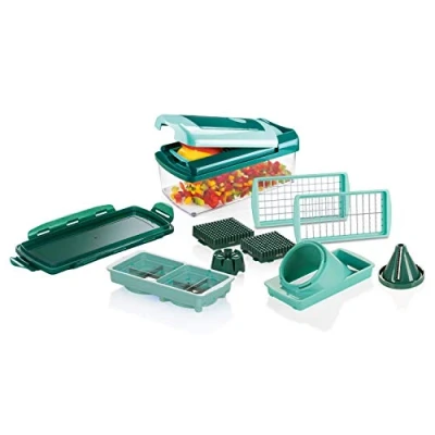 Afbeelding van Nicer Dicer Fusion Smart groentesnijderset, 12 delige hakmolen met opvangbak, XXL mesinzet en Julietti spiraalinzetstuk, blokjes, stiften, kwart, achtsten, Julietti, PP