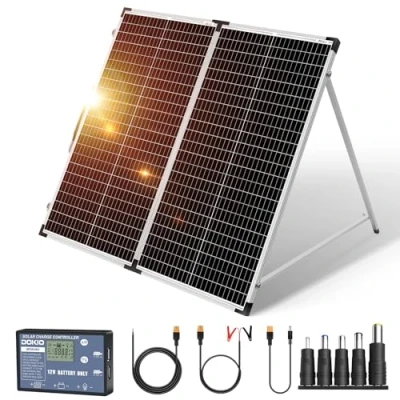 Afbeelding van DOKIO 160W 18V draagbaar opvouwbaar zonnepaneel voor 12V accu&#039;s met oplaadregelaar op zonne energie (2 USB poorten) + draagtas