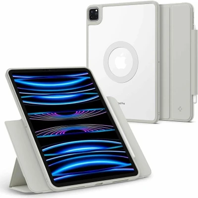 Afbeelding van Spigen AirSkin Pro OneTap Hoes Geschikt voor iPad 11 (2022/2021/2020/2018) Book Case met Standaard Sleep/Wake Functie Magnetisch Afneembare Cover Grijs