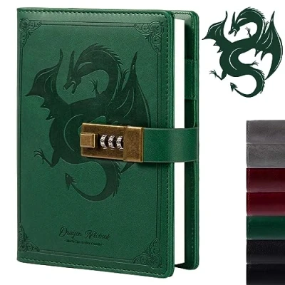 Afbeelding van Dragon Leren dagboek, hardcover, afsluitbaar, navulbaar schrijfdagboek, gelinieerd/blanco schrijfdagboek met cijferslot voor mannen, vrouwen, kinderen (groen)