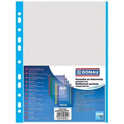 Image de DONAU 1774100PL 10 Lot de 100 pochettes perforées en plastique pour documents, papiers, dossiers, dossiers/PP DIN A4, Transparent 40 microns/µm.